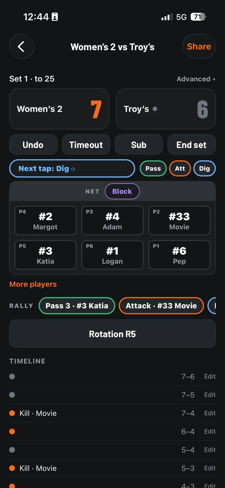 volleyOS Advanced scoring: the score, controls, a court of six players and the rally so far, all on one screen