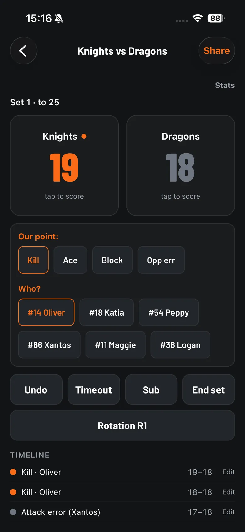 The volleyOS scoring screen during a live match