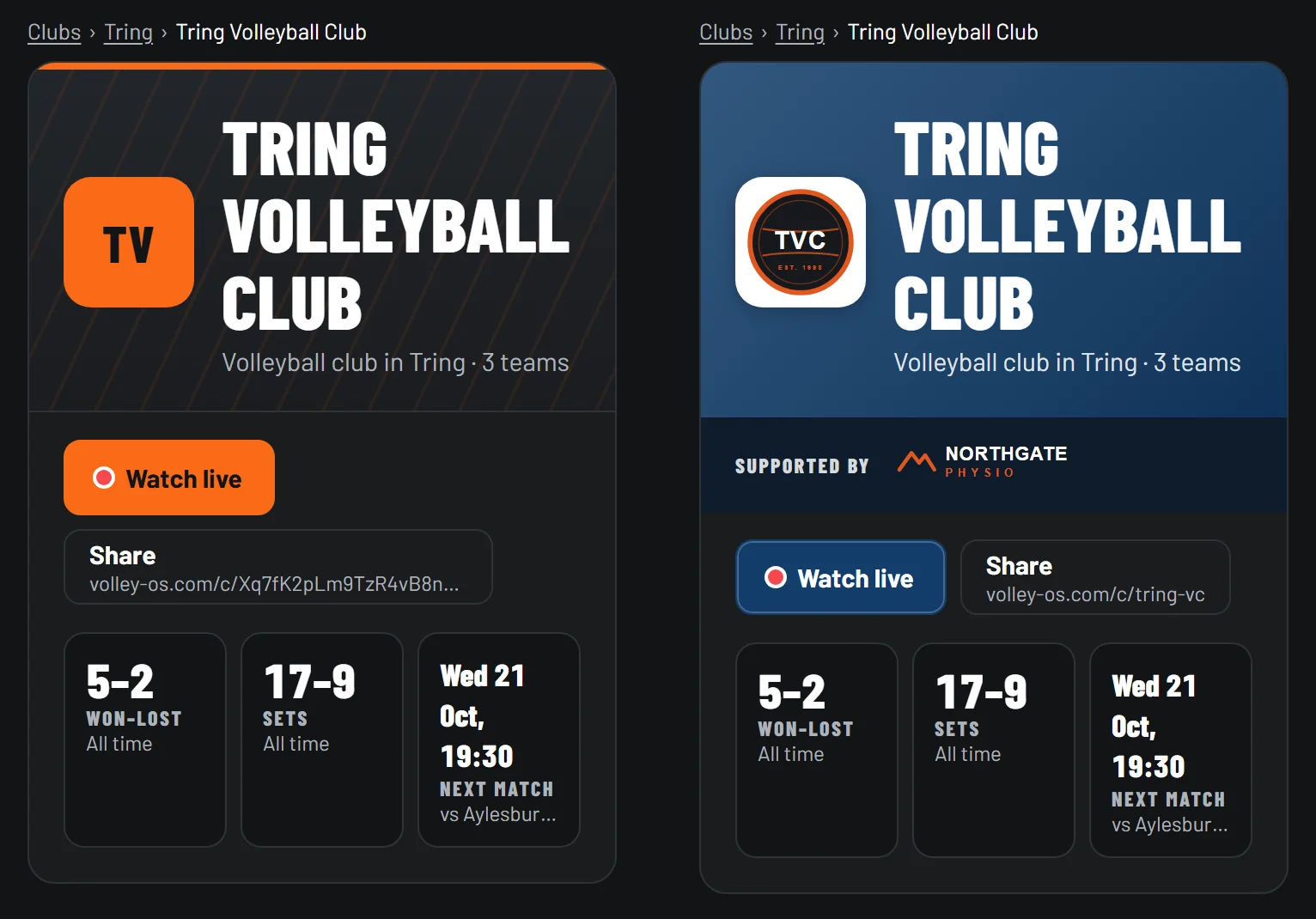 La stessa pagina con Free e Club: Free usa il tema volleyOS; Club aggiunge una testata blu, stemma, sponsor e indirizzo breve.